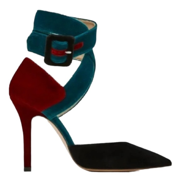 ZARA Teal Burgundy Color Block Ankle Strap Velvet Pointed Toe Heel Size 8 - Picture 1 of 7